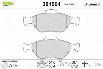 Купить 301564 Valeo Тормозные колодки передние Fiesta (4, 5) (1.2, 1.3, 1.4, 1.6, 1.8) без датчика износа