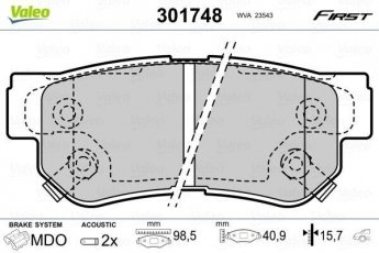 Купить 301748 Valeo Тормозные колодки задние Sportage (2.0, 2.7) вкл. датчик износа, с звуковым предупреждением износа