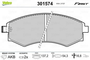Купить 301574 Valeo Тормозные колодки передние Korando (2.0, 2.3, 2.9, 3.2) вкл. датчик износа, с звуковым предупреждением износа