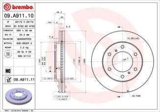 Купити 09.A911.10 Brembo Гальмівні диски Pajero 4 (3.0, 3.2, 3.8)