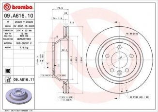 Купить 09.A616.10 Brembo Тормозные диски Транспортер Т5 (1.9, 2.0, 2.5, 3.2)