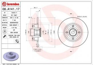 Купить 08.A141.17 Brembo Тормозные диски Symbol 2 (1.2 16V, 1.5 dCi, 1.6 16V)