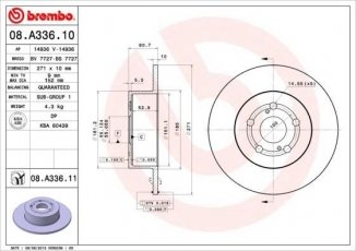 Купить 08.A336.11 Brembo Тормозные диски Авенсис Т22 (1.6, 1.8, 2.0)