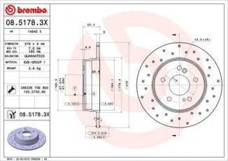 Купить 08.5178.3X Brembo Тормозные диски CL-Class (CLC, CLK) (1.6, 1.8, 2.0, 2.1, 2.3)