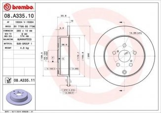 Купить 08.A335.11 Brembo Тормозные диски Avensis T25 (1.6, 1.8, 2.0, 2.2, 2.4)