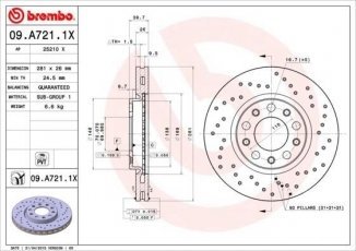 Купить 09.A721.1X Brembo Тормозные диски Фиат 500 (1.3 D Multijet, 1.4, 1.6 D Multijet)