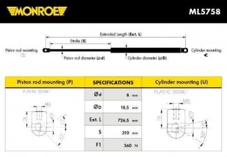Купить ML5758 MONROE Амортизатор капота Sonata (2.0, 2.4, 3.3)