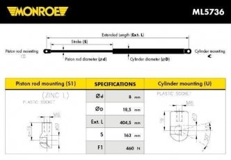 Купить ML5736 MONROE Амортизатор капота Туран (1.2, 1.4, 1.6, 1.9, 2.0)