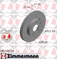 Купить 280.3187.20 Zimmermann Тормозные диски Civic (1.3, 1.6, 1.8, 2.2)
