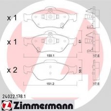 Купить 24022.178.1 Zimmermann Тормозные колодки передние Ярис (1.0, 1.3, 1.4, 1.5) с звуковым предупреждением износа