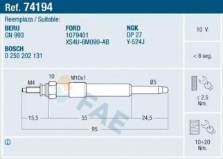 Купити 74194 FAE Свічки Фокус (1, 2) (1.8 DI, 1.8 TDCi, 1.8 Turbo DI)