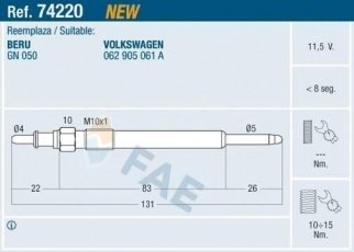 Купити 74220 FAE Свічки Volkswagen LT 46 2.8 TDI