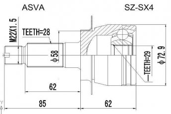 Купить SZ-SX4 Asva ШРУС Сузуки СХ4 (1.6, 1.6 VVT), шлицы:  28 нар. 29 вн.