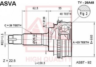 Купити TY-26A48 Asva ШРУС Corolla (1.3, 1.6), шліци:  26 зовн. 23 вн. 48 зубців кільця ABS