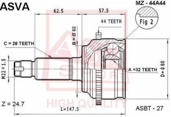 Купити MZ-44A44 Asva ШРУС Mazda, шліци:  28 зовн. 32 вн. 44 зубців кільця ABS