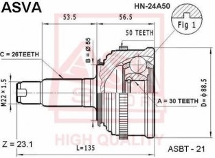 Купити HN-24A50 Asva ШРУС Цівік (1.3, 1.4, 1.5, 1.6), шліци:  26 зовн. 30 вн. 50 зубців кільця ABS