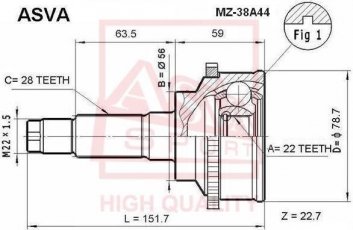 Купити MZ-38A44 Asva ШРУС Sephia (1.5 i, 1.6 i, 1.8 i 16V), шліци:  28 зовн. 22 вн. 44 зубців кільця ABS