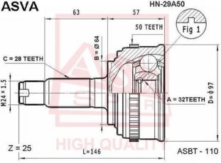 Купити HN-29A50 Asva ШРУС Accord (2.0, 2.0 i, 2.0 i 16V), шліци:  28 зовн. 32 вн. 50 зубців кільця ABS