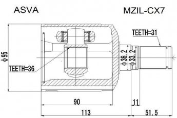 Купить MZIL-CX7 Asva ШРУС СХ-7 (2.2 MZR-CD, 2.2 MZR-CD AWD, 2.3 MZR DISI Turbo), шлицы:  31 нар. 36 вн.