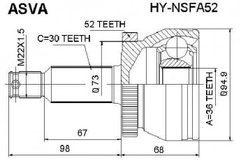 ШРУС HY-NSFA52 Asva – шліци: 30 зовн. 36 вн. 52 зубців кільця ABS фото 1