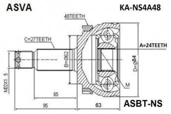 ШРУС KA-NS4A48 Asva – шліци: 27 зовн. 24 вн. 48 зубців кільця ABS фото 1