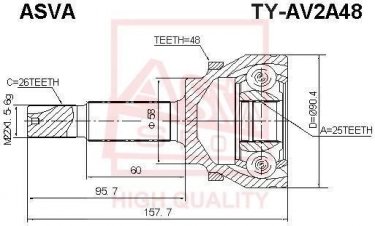 Купити TY-AV2A48 Asva ШРУС Avensis (2.0, 2.0 VVTi, 2.4), шліци:  26 зовн. 25 вн. 48 зубців кільця ABS