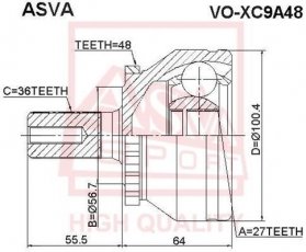 ШРУС VO-XC9A48 Asva – шліци: 36 зовн. 27 вн. 48 зубців кільця ABS фото 1