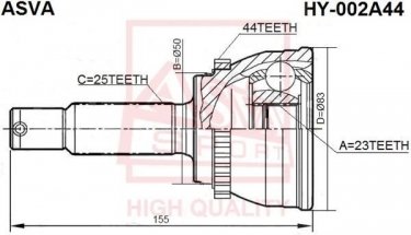 Купити HY-002A44 Asva ШРУС Елантра 1.6, шліци:  25 зовн. 23 вн. 44 зубців кільця ABS