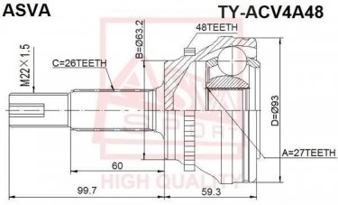 Купити TY-ACV4A48 Asva ШРУС Камрі 2.4 VVTi, шліци:  26 зовн. 27 вн. 48 зубців кільця ABS