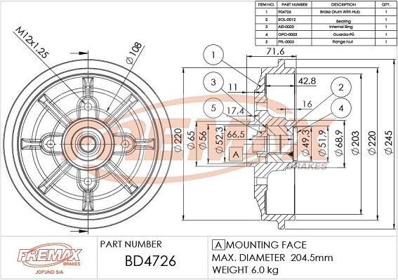 Купити BD-4726 FREMAX Гальмівний барабан Peugeot 206 (1.1, 1.4)