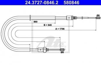 Купити 24.3727-0846.2 ATE Трос ручного гальма Peugeot 207 (1.4, 1.6)