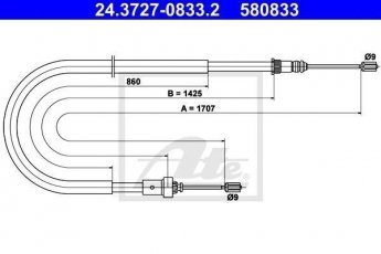 Купить 24.3727-0833.2 ATE Трос ручника Peugeot 206 (1.4, 1.6, 2.0)