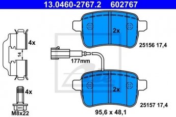 Купить 13.0460-2767.2 ATE Тормозные колодки задние Giulietta (1.4, 1.6, 2.0) с интегрированным контактом датчика износа