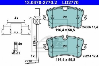 Купити 13.0470-2770.2 ATE Гальмівні колодки задні Audi A6 C7 (1.8, 2.0, 2.8, 3.0, 4.0) з датчиком зносу