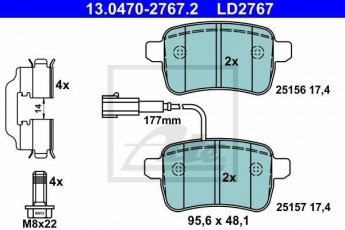 Купить 13.0470-2767.2 ATE Тормозные колодки задние Giulietta (1.4, 1.6, 2.0) с интегрированным контактом датчика износа