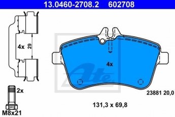 Купить 13.0460-2708.2 ATE Тормозные колодки передние B-Class W245 2.0 без датчика износа, подготовлено для датчика износа колодок