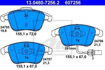 Купить 13.0460-7256.2 ATE Тормозные колодки передние Ауди А4 Б8 (1.8, 2.0, 2.7, 3.0, 3.2) с датчиком износа