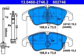 Купить 13.0460-2746.2 ATE Тормозные колодки передние Ауди А4 Б8 (1.8, 2.0, 2.7, 3.0, 3.2) с датчиком износа