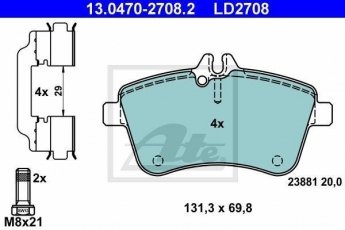 Купить 13.0470-2708.2 ATE Тормозные колодки передние B-Class W245 2.0 без датчика износа, подготовлено для датчика износа колодок