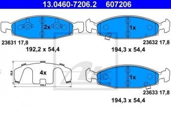 Купить 13.0460-7206.2 ATE Тормозные колодки передние Гранд Чероки (2.7, 3.1, 4.0, 4.7) с звуковым предупреждением износа