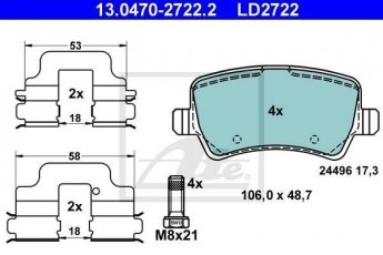 Купити 13.0470-2722.2 ATE Гальмівні колодки задні ХС70 (2.0, 2.4, 2.5, 3.0, 3.2) без датчика износа, не подготовленно для датчика износа