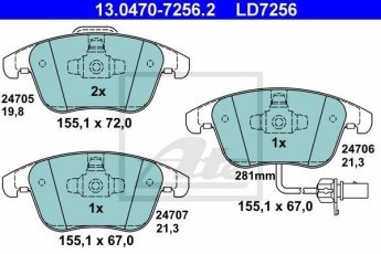 Купити 13.0470-7256.2 ATE Гальмівні колодки передні Audi A5 (1.8, 2.0, 2.7, 3.0, 3.2) з датчиком зносу