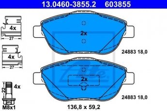 Купить 13.0460-3855.2 ATE Тормозные колодки передние Citroen C3 Picasso (1.2, 1.4, 1.6) без датчика износа, не подготовленно для датчика износа