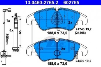 Купить 13.0460-2765.2 ATE Тормозные колодки передние Audi A6 C7 (1.8, 2.0, 2.8, 3.0, 4.0) с датчиком износа