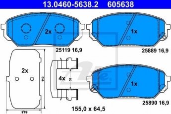 Купити 13.0460-5638.2 ATE Гальмівні колодки передні Ай Икс 55 (3.0 V6 CRDi 4WD, 3.8 V6, 3.8 V6 4WD) с звуковым предупреждением износа