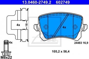 Купить 13.0460-2749.2 ATE Тормозные колодки задние Audi A6 (Allroad, C6) без датчика износа, не подготовленно для датчика износа