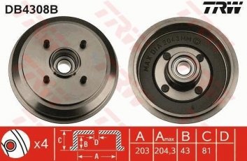 Купить DB4308B TRW Тормозной барабан Mazda 2 (1.2, 1.3, 1.4, 1.6)